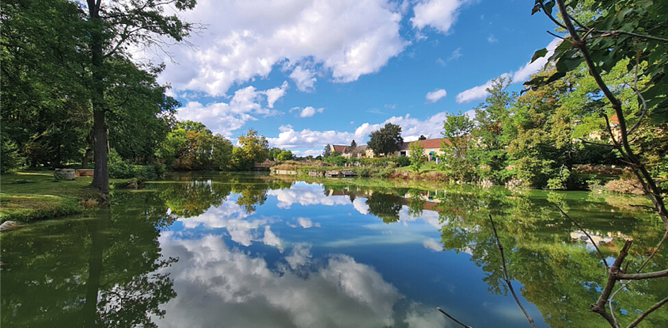 Teich in dem sich der blaue Himmel mit weißen Wolken und das Ufer spiegelt. Am grünen Ufer mit Bäumen und Sträuchern sieht man Teile des Bauernhofs Unternalb und einen Steg, der ins Wasser hineinreicht.
